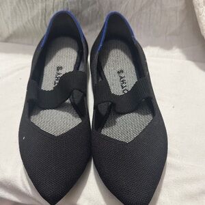 Rothy's Black Pointed Mesh Flats with Elastic Strap and Blue Trim